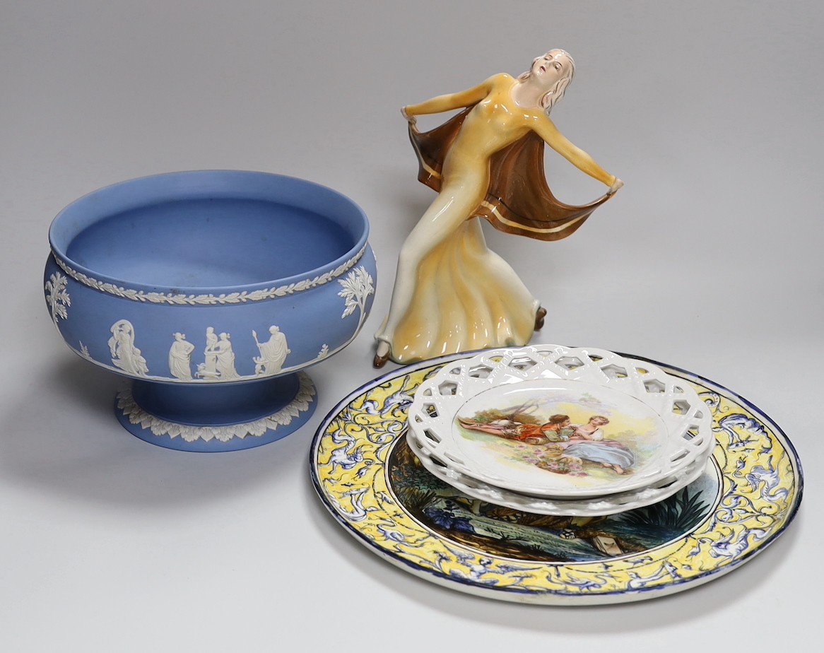 A Gien faience dish, Wedgwood jasper fruit bowl, an Art Deco Katzhutte figure and a pair of basketweave dishes, tallest 23cm